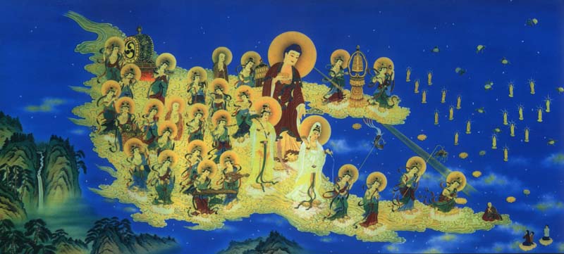Buddha Amitabha riceve i visitatori del paradiso di Sukavati
