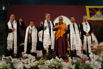 His Holiness the Dalai Lama and panelists of the discussion on  the Role of Religions in Promoting Justice, Peace and the Protection of the Environment in Udine, Italy, on May 22, 2012. Photo/Tenzin Taklha/OHHDL