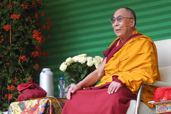 His Holiness the Dalai Lama addressing Tibetans, Mongolians and Tibet support groups from Belgium and Holland who came to Yeunten Ling Institute in Huy, Belgium, on May 24, 2012. Photo/Jeremy Russell/OHHDL