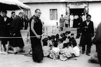 His Holiness the Dalai Lama visiting the CTS school in Bylakuppe, Karnataka, South India, during a visit in the early 1970's. File photo/OHHDL