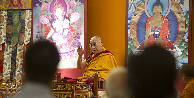 His Holiness the Dalai Lama giving teaching at the Main Tibetan Temple in Dharamsala, India, on October 2012 