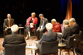 His Holiness the Dalai Lama and fellow panelists during the morning session of the Change Your Mind, Change the World discussions at the Overture Center in Madison, Wisconsin on May 15, 2013. Photo/Jeremy Russell/OHHDL 