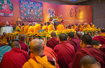 View of the stage at the Kempinski Ambience Hotel, venue for His Holiness the Dalai Lama's teaching in New Delhi, India on December 3, 2013. Photo/Tenzin Choejor/OHHDL