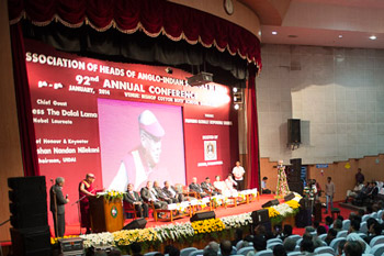 His Holiness the Dalai Lama speaking at the Association of Heads of Anglo-Indian Schools in India's 92nd Annual Conference at Bishop Cotton School in Bangalore, India on January 5, 2014. Photo/Tenzin Choejor/OHHDL