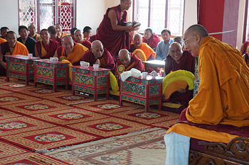 His Holiness the Dalai Lama speaking during his visit to the Sera Mey Monastery Retreat Center in Bylakuppe, Karnataka, India on December 31, 2013. Photo/Jeremy Russell/OHHDL