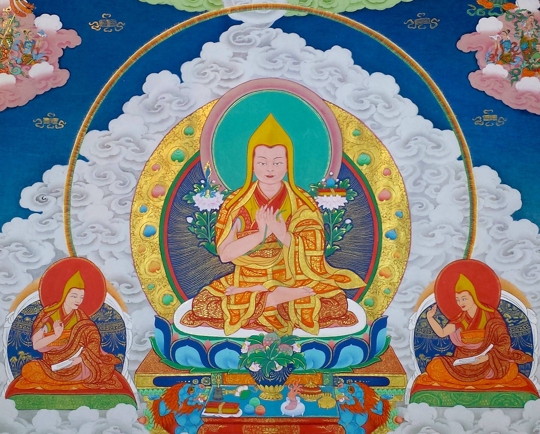 Lama Je Tsongkhapa: May the bliss of the mystical fusion of transcendent wisdom with tender compassion fall like sweet summer rain from dark blue clouds