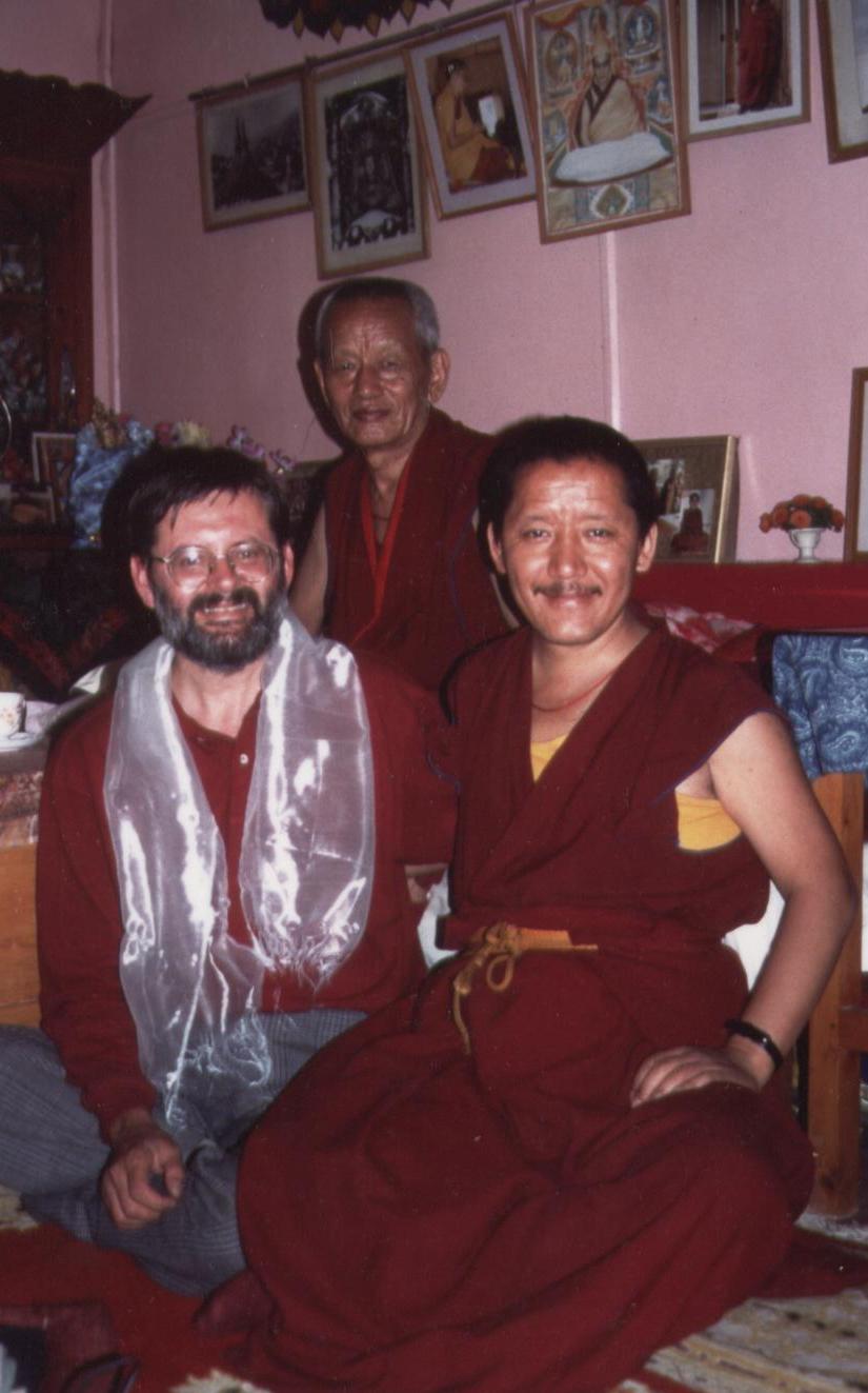 Ven Gesce Yesce Tobten with his attendant Ven. Lobsang Donden and Dr. Luciano Villa in Dharamsala India 