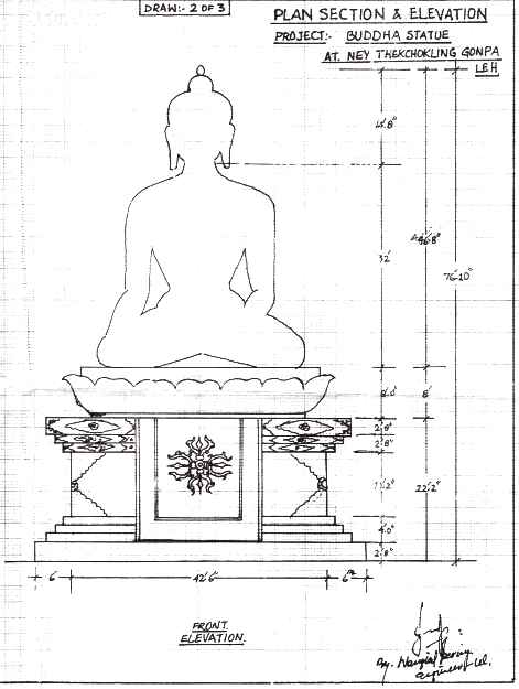 Un disegno del progetto della gran statua di Buddha Shakyamuni alta 25 metri in costruzione a Ney in Ladakh.