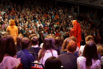 His Holiness the Dalai Lama greeting the audience before his talk at Eden Court Theatre in Inverness, Scotland, on June 23, 2012. Photo/Jeremy Russell/OHHDL