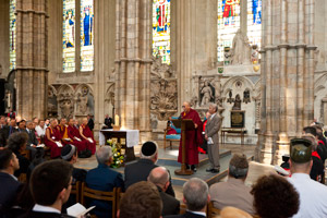 His Holiness the Dalai Lama addresses the congregation including representatives from different religious groups during a service of prayer and reflection at Westminster Abbey in London, England, on June 20, 2012.