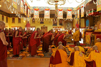 His Holiness the Dalai Lama giving Bhikshu ordination to a group of 50 Ladakhi monks at the Main Cathedral (Jokhang) in Leh Town, Ladakh, India, on July 26, 2012. Photo/Rosemary Rawcliffe