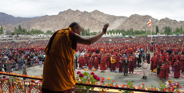 The crowd in front of the old teaching pavilion grows in anticipation of His Holiness the Dalai Lama's arrival for the fourth day of teachings in Leh, Ladakh, J&K, India, on August 7, 2012. Photo/Jeremy Russell/OHHDL