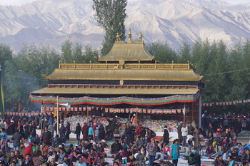 His Holiness the Dalai Lama speaking during his third day of teachings in Leh, Ladakh, J&K, India, on August 6, 2012. Photo/Namgyal AV Archive