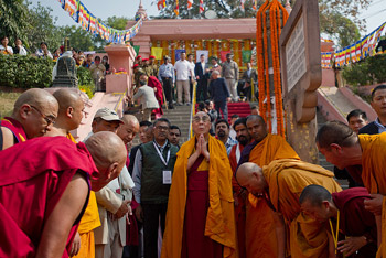 His Holiness the Dalai Lama on his arrival at the Mahabodhi Stupa in Bodh Gaya on December 31, 2011. Photo/Tenzin Choejor/OHHDL