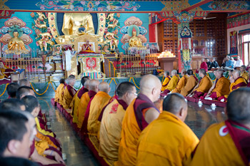 His Holiness the Dalai Lama speaking at Drikung Shedra in Dekyiling Tibetan Settlement near Dehra Dun, India, on September 14, 2012. Photo/Tenzin Choejor/OHHDL 