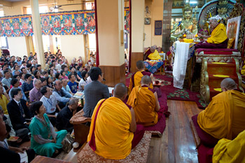 His Holiness the Dalai Lama giving teaching at the Main Tibetan Temple in Dharamsala, India, on October 2012 