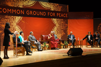 His Holiness the Dalai Lama along with fellow panelists at the panel discussion "The Rise of Democracy in the Middle East" at Syracuse University in Syracuse, NY, USA, on October 8, 2012. Photo/Jeremy Russell/OHHDL 