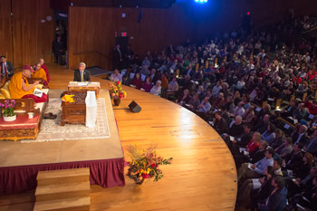 His Holiness the Dalai Lama during his teachings at MIT's Kresge Auditorium in Boston, MA, on October 16, 2012. Photo/Christopher Michel 