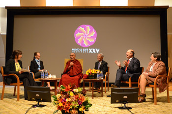 His Holiness the Dalai Lama and fellow panelists during the morning session of the Mind and Life XXV conference at Caspary Auditorium of the Rockefeller University in New York City on October 20, 2012. Photo/Mind and Life Institute 