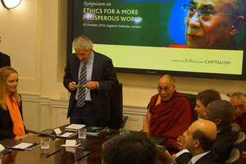 His Holiness the Dalai Lama participating in Legatum Institute's  Symposium on Ethics for a More Prosperous World in London, UK, on October 23, 2012. Photo/Jeremy Russell/OHHDL 