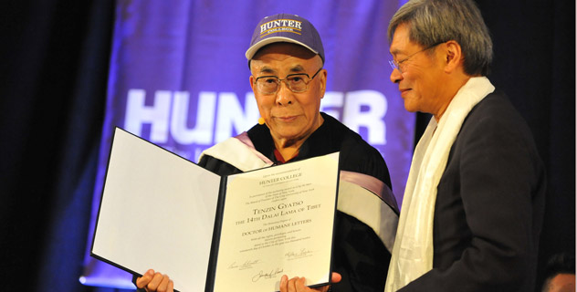 His Holiness the Dalai Lama is presented with an honorary degree from Hunter College in New York, NY, on October 19, 2012. Photo/Sonam Zoksang