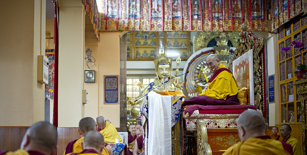 His Holiness the Dalai Lama speaking during the teaching at the request of a Taiwanese group in Dharamsala, India, on October 2012