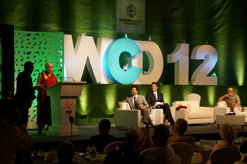 His Holiness the Dalai Lama speaking at the World Compassion Day 2012 gathering in Mumbai, India, on November 28, 2012. Photo/Jeremy Russell/OHHDL