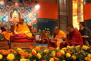 Monks from Russia chanting the "Heart Sutra" at the start of the second day of His Holiness the Dalai Lama's four day teaching to Russian Buddhists in Delhi, India, on December 25, 2012. Photo/Jeremy Russell/OHHDL