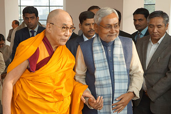 HIs Holiness the Dalai Lama with Bihar Chief Minister Nitish Kumar at the Chief Minister's residence in Patna, Bihar, India, on January 4, 2012. Photo/Jeremy Russell/OHHDL
