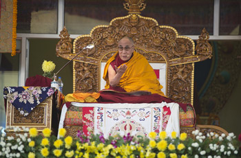 His Holiness the Dalai Lama speaking during the second day of his teachings in Sarnath, Uttar Pradesh, India, on January 8, 2012. Photo/Tenzin Choejor/OHHDL