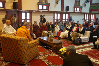 A small audience of 250 listening to His Holiness the Dalai Lama and Fr Laurence Freeman during their dialogue in Sarnath, Uttar Pradesh, India, on January 12, 2013. Photo/Jeremy Russell/OHHDL