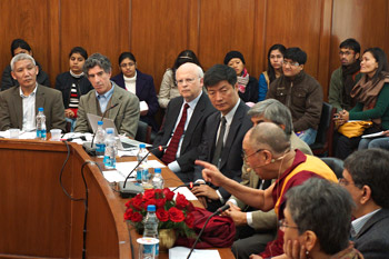 His Holiness the Dalai Lama speaking at the Science, Ethics and Education Dialogue at Delhi University on January 14, 2013. Photo/Jeremy Russell/OHHDL 