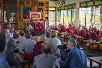 His Holiness the Dalai Lama speaking to senior monks and Mind and Life participants in his residence at Drepung Lachi Monastery in Mundgod, India, on January 16, 2013. Photo/Tenzin Choejor/OHHDL
