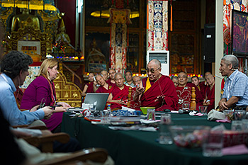 His Holiness the Dalai Lama talking with Tania Singer during her presentation at the Mind and Life XXVI meeting at Drepung Monastery in Mundgod, India, on January 19, 2013. Photo/Tenzin Choejor/OHHDL