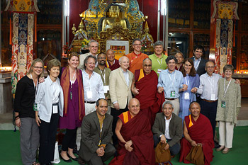 His Holiness the Dalai Lama with Mind and Life XXVI Conference participants at Drepung Monastery in Mundgod, India, on January 22, 2013. Photo/Jeremy Russell/OHHDL