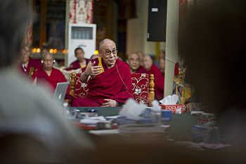 His Holiness the Dalai Lama speaking at the Mind and Life XXVI Conference held at Drepung Monastery in Mundgod, India on January 17-22, 2013. Photo/Tenzin Choejor/OHHDL 