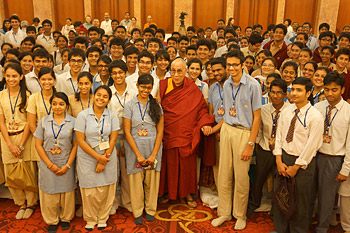 His Holiness the Dalai Lama poses with students who attended the interactive sessions in New Delhi on March 23, 2013. Photo/Jeremy Russell/OHHDL 
