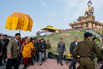 His Holiness the Dalai Lama on his way to perform the consecration of the Tathagata Tsal statue, Ravangla, Sikkim, India 25 March 2013. Photo/Tenzin Choejor/OHHDL 