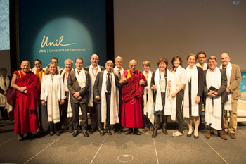 His Holiness the Dalai Lama with fellow participants after the conference on "Living and Dying in Peace" at the University of Lausanne in Lausanne, Switzerland, on April 15, 2013. Photo/Manuel Bauer