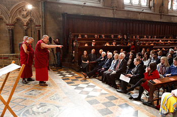 His Holiness the Dalai Lama speaking to members of the University of Cambridge at St John's College in Cambridge, England, on April 19, 2013. Photo/John Thompson/Cambridge