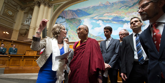 His Holiness the Dalai Lama with HE Maya Graf, President of the National Council, at the Swiss Parliament Building in Bern, Switzerland, on April 16, 2013. Photo/Manuel Bauer