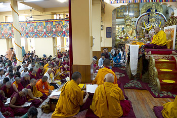 His Holiness the Dalai Lama during opening prayers at the Main Tibetan Temple at the start of the first day of his four day teaching given at the request of a group from India in Dharamsala, India on June 1, 2013. Photo/Abhishek Madhukar