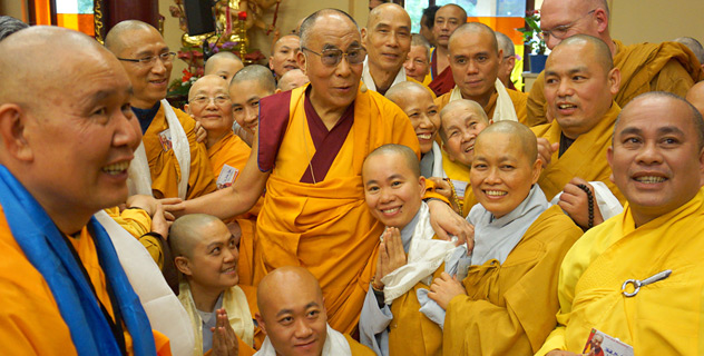 His Holiness the Dalai Lama with members of the monastic community at Vien Giac Vietnamese Buddhist Temple in Hanover, Germany on September 20, 2013. Photo/Jeremy Russell/OHHDL