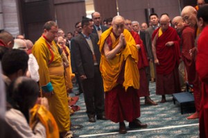 His Holiness the Dalai Lama arriving at the Kempinski Hotel at the start of the second day of his teachings for a group of Russian Buddhists in New Delhi, India on December 22, 2013. Photo/Kate Surzhok