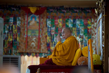 His Holiness the Dalai Lama during the fifth day of his teachings at Sera Jey Monastery in Bylakuppe, Karnatak, India on December 30, 2013. Photo/Tenzin Choejor/OHHDL