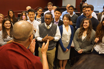 His Holiness talking to students during his visit to their classroom at Emory University in Atlanta, Georgia on October 10, 2013. Photo/Jeremy Russell/OHHDL