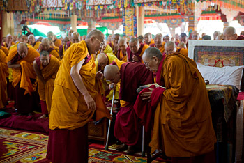 His Holiness the Dalai Lama arriving at the start of the second day of his teachings at Sera Jey Monastery in Bylakuppe, Karnataka, India on December 26, 2013. Photo/Rio Helmi