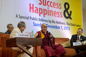 His Holiness the Dalai Lama answering questions from the audience during his talk on "Success & Happiness" in Noida, India on December 1, 2013. Photo/Tenzin Choejor/OHHDL