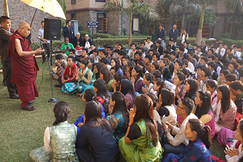 His Holiness the Dalai Lama speaking to resident students at the TCV Student Hostel Complex in New Delhi, India on December 5, 2013. Photo/Jeremy Russell/OHHDL
