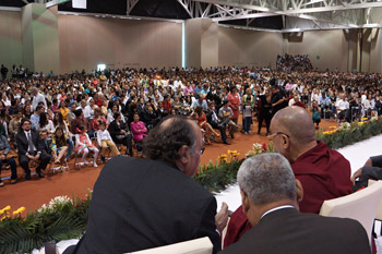 His Holiness the Dalai Lama speaking during his public talk on The Art of Happiness at the Convention Center in Zacatecas, Mexico on October 16, 2013. Photo/Jeremy Russell/OHHDL